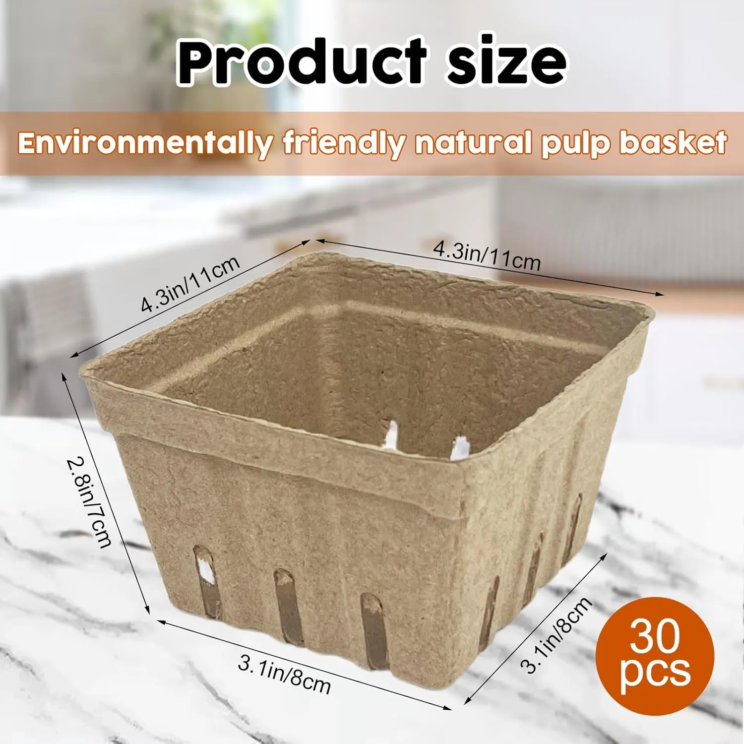 30 Pcs Natural Pulp Fiber Berry Basket, Molded Berry Basket Produce Vented Container for Strawberry Blueberry Raspberry and Vegetable Small Farmer Market Grocery Stores, Backyard Party 4.3x4.3x2.8inch