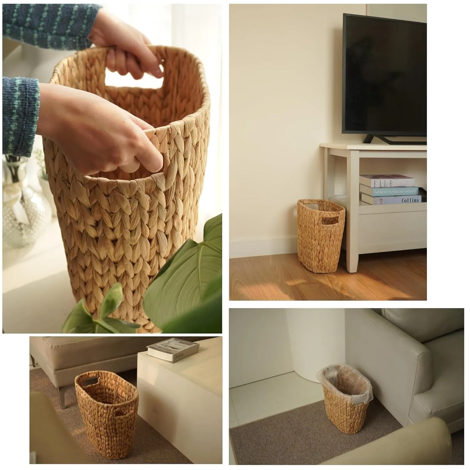 3.2 Gallons Wicker Woven Waste Basket - Water Hyacinth Trash Can with Handles - Seagrass Wastebaskets for Bedroom, Bathroom, Kitchen, Office - Handwoven Slim Trash Bin for Under Sink, Garbage