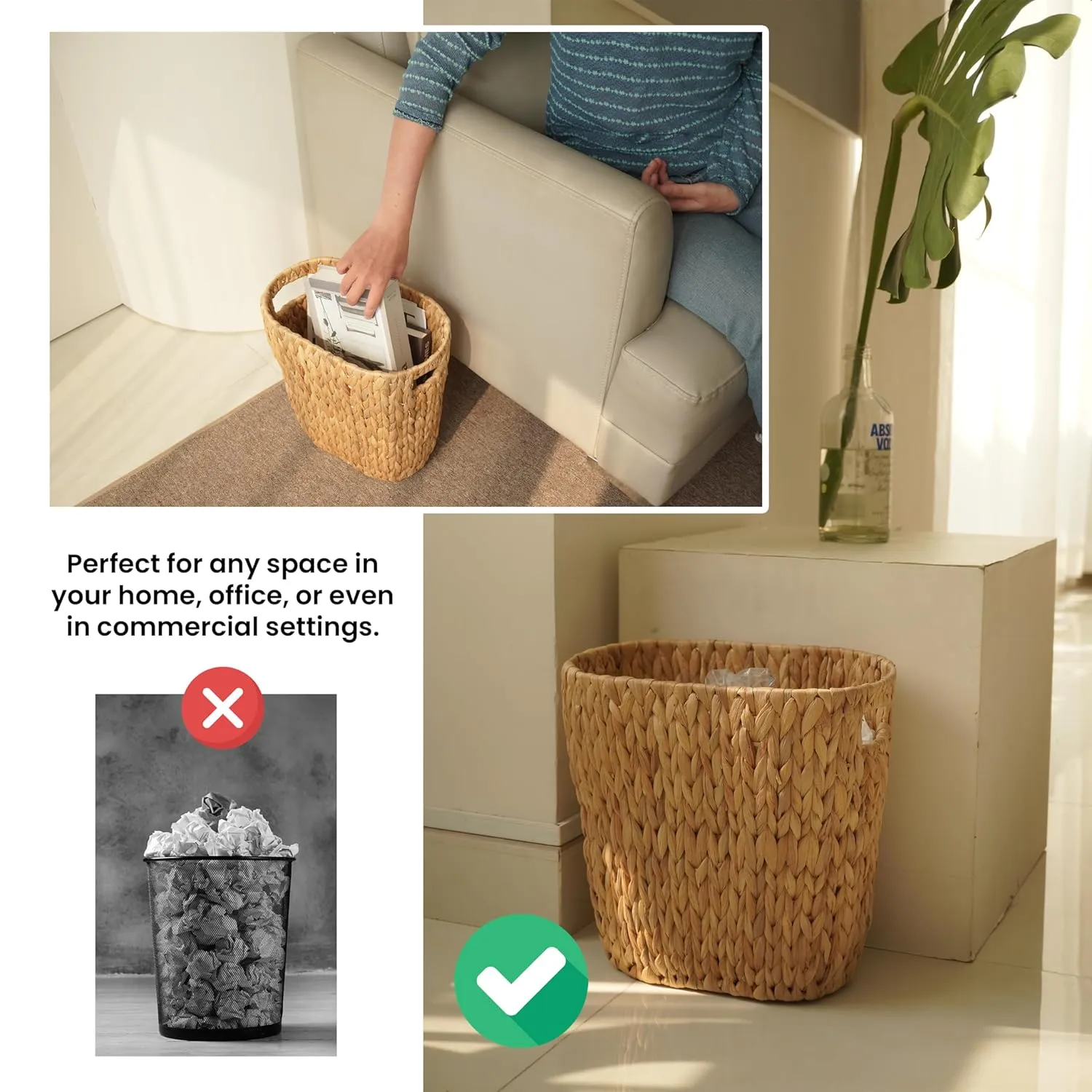3.2 Gallons Wicker Woven Waste Basket - Water Hyacinth Trash Can with Handles - Seagrass Wastebaskets for Bedroom, Bathroom, Kitchen, Office - Handwoven Slim Trash Bin for Under Sink, Garbage