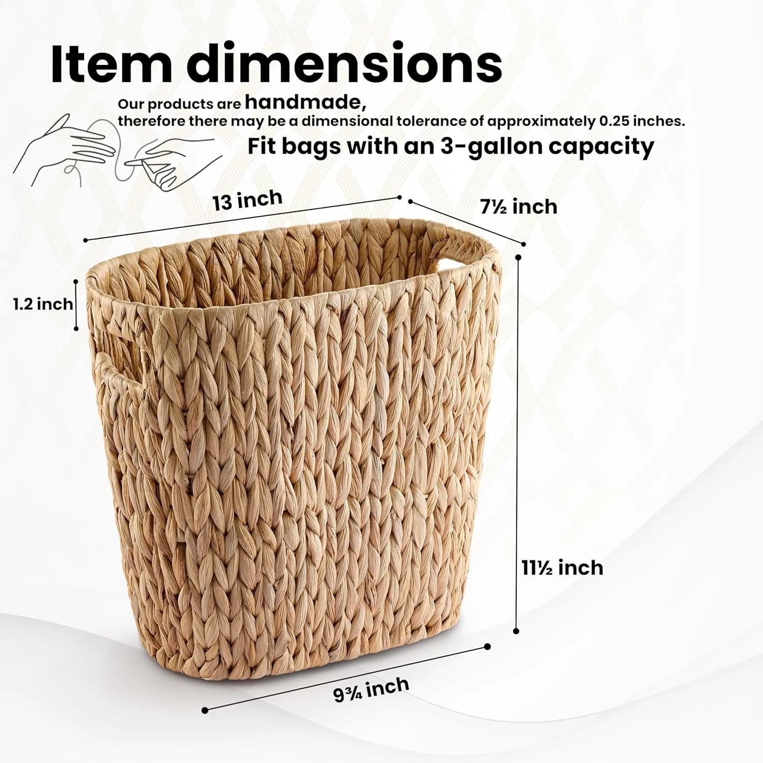 3.2 Gallons Wicker Woven Waste Basket - Water Hyacinth Trash Can with Handles - Seagrass Wastebaskets for Bedroom, Bathroom, Kitchen, Office - Handwoven Slim Trash Bin for Under Sink, Garbage