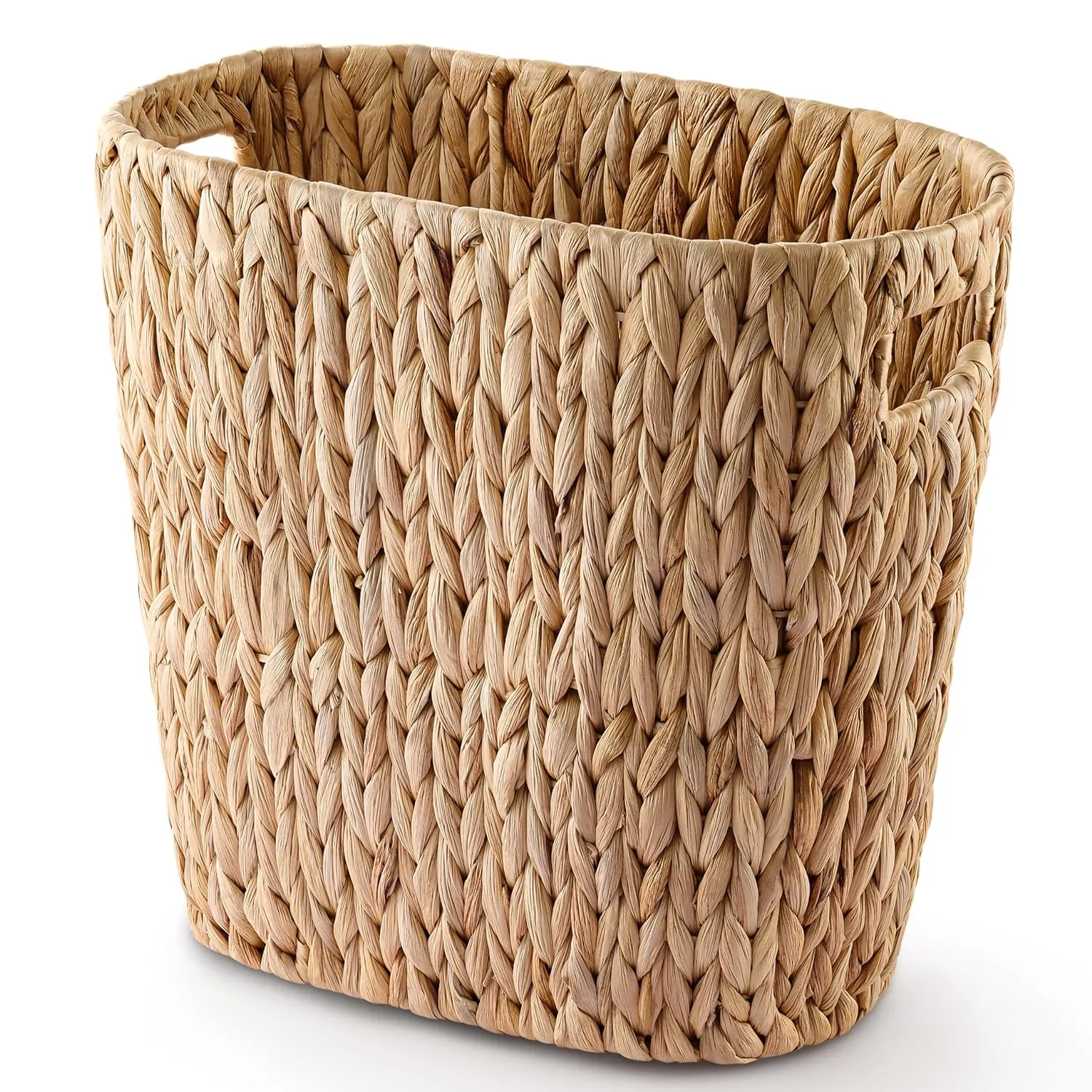 3.2 Gallons Wicker Woven Waste Basket - Water Hyacinth Trash Can with Handles - Seagrass Wastebaskets for Bedroom, Bathroom, Kitchen, Office - Handwoven Slim Trash Bin for Under Sink, Garbage