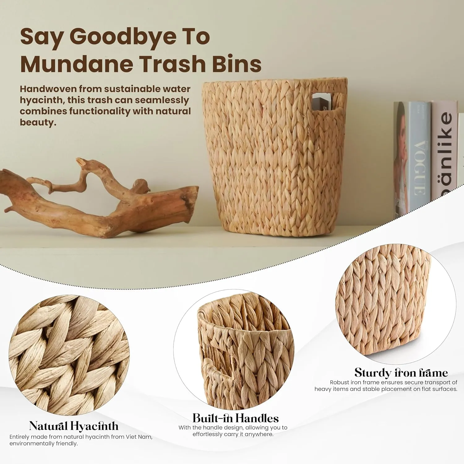 3.2 Gallons Wicker Woven Waste Basket - Water Hyacinth Trash Can with Handles - Seagrass Wastebaskets for Bedroom, Bathroom, Kitchen, Office - Handwoven Slim Trash Bin for Under Sink, Garbage