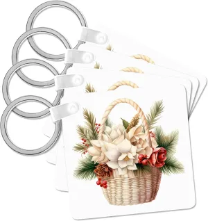 3dRose, White Christmas Floral Basket, Key Chain