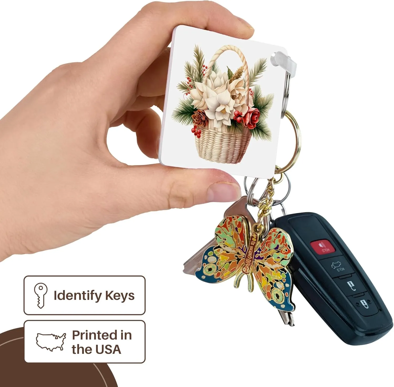 3dRose, White Christmas Floral Basket, Key Chain