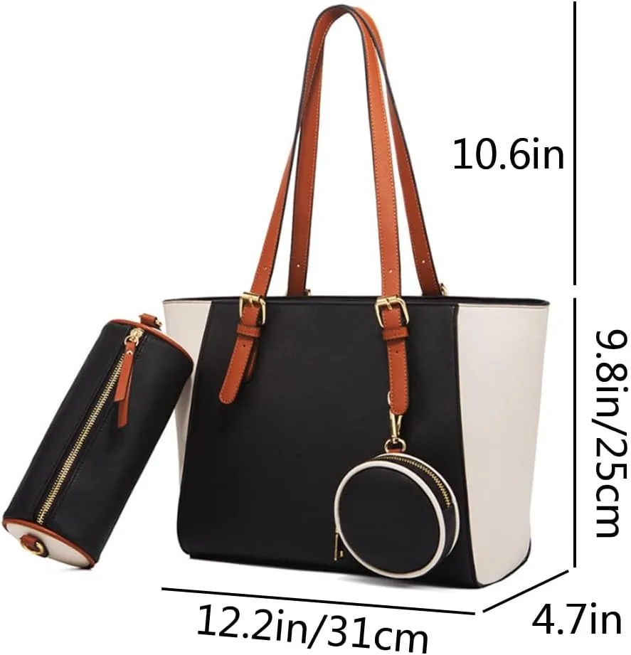 3pcs Women Stitching Tote Shoulder Handbag and Purse PU Cylindrical Crossbody Bag Coin Wallet Dark Blue