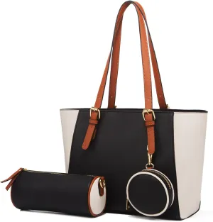 3pcs Women Stitching Tote Shoulder Handbag and Purse PU Cylindrical Crossbody Bag Coin Wallet Dark Blue