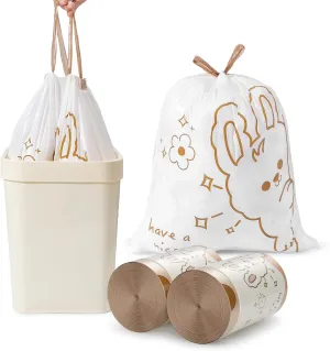 4 Gallon Small Trash bags Drawstring ，small Bathroom Garbage Bags， 120 Counts Trash-Can-Liners for Bathroom Kitchen Office，White rabbit print style 4-gallon small trash can Liners