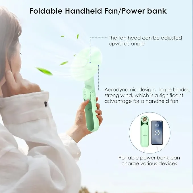 4 IN 1 Portable Handheld Fan,Personal Foldable Cooling Fan, Mini Pocket Fan,Desk Fan,Hand Fan,Flashlight,Power Bank,Table Lamp,Camping Travel Beach Fan, Birthday Gifts for Women Men(Light Green)