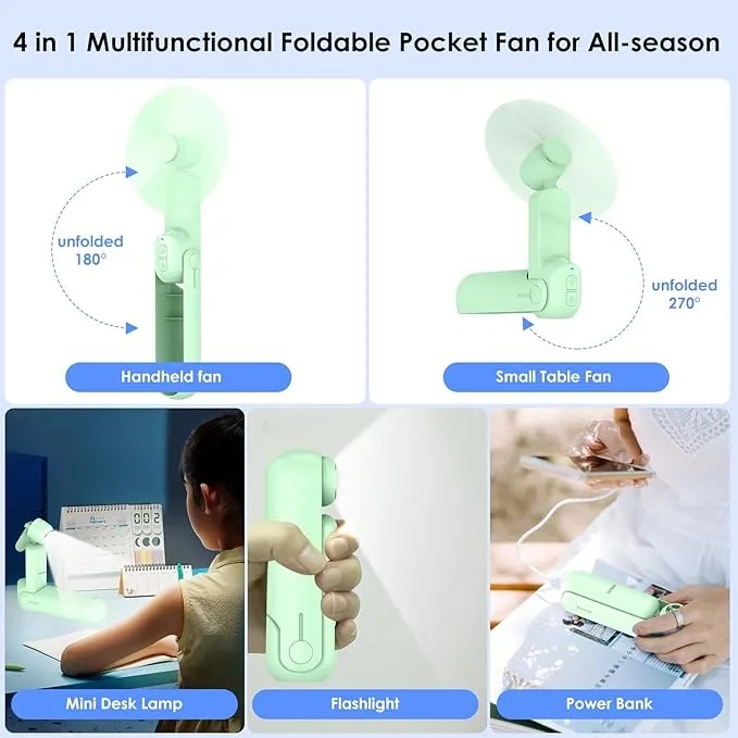 4 IN 1 Portable Handheld Fan,Personal Foldable Cooling Fan, Mini Pocket Fan,Desk Fan,Hand Fan,Flashlight,Power Bank,Table Lamp,Camping Travel Beach Fan, Birthday Gifts for Women Men(Light Green)