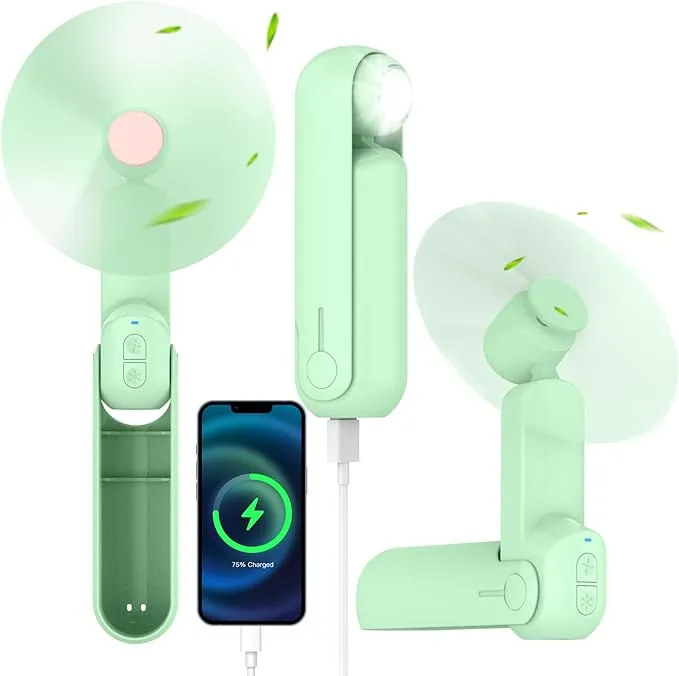 4 IN 1 Portable Handheld Fan,Personal Foldable Cooling Fan, Mini Pocket Fan,Desk Fan,Hand Fan,Flashlight,Power Bank,Table Lamp,Camping Travel Beach Fan, Birthday Gifts for Women Men(Light Green)