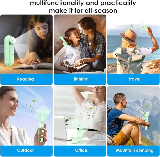 4 IN 1 Portable Handheld Fan,Personal Foldable Cooling Fan, Mini Pocket Fan,Desk Fan,Hand Fan,Flashlight,Power Bank,Table Lamp,Camping Travel Beach Fan, Birthday Gifts for Women Men(Light Green)