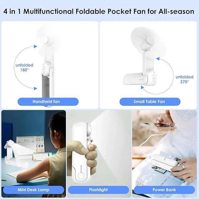 4 IN 1 Portable Handheld Fan,Personal Foldable Cooling Fan, Mini Pocket Fan,Desk Fan,Hand Fan,Flashlight,Power Bank,Table Lamp,Camping Travel Beach Fan, Birthday Gifts for Women Men(White)