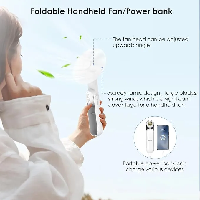 4 IN 1 Portable Handheld Fan,Personal Foldable Cooling Fan, Mini Pocket Fan,Desk Fan,Hand Fan,Flashlight,Power Bank,Table Lamp,Camping Travel Beach Fan, Birthday Gifts for Women Men(White)