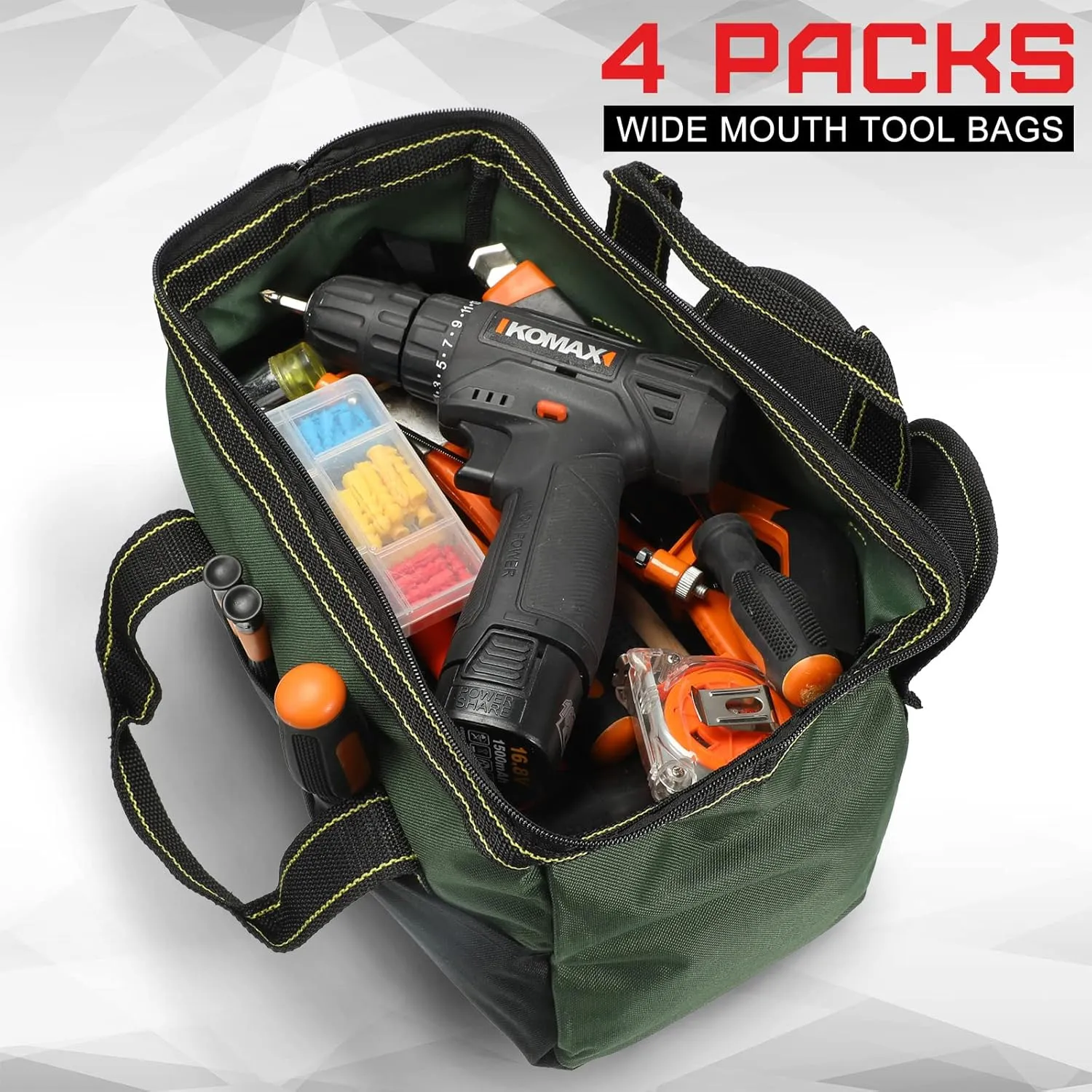 4 Pieces Tool Bag with Waterproof Strong Molded Base Multi Pockets Wide Mouth Tool Tote Multifunctional Tool Bag Large Capacity Organizer Heavy Duty Tool Storage Bag (Multicolor,13 Inch)
