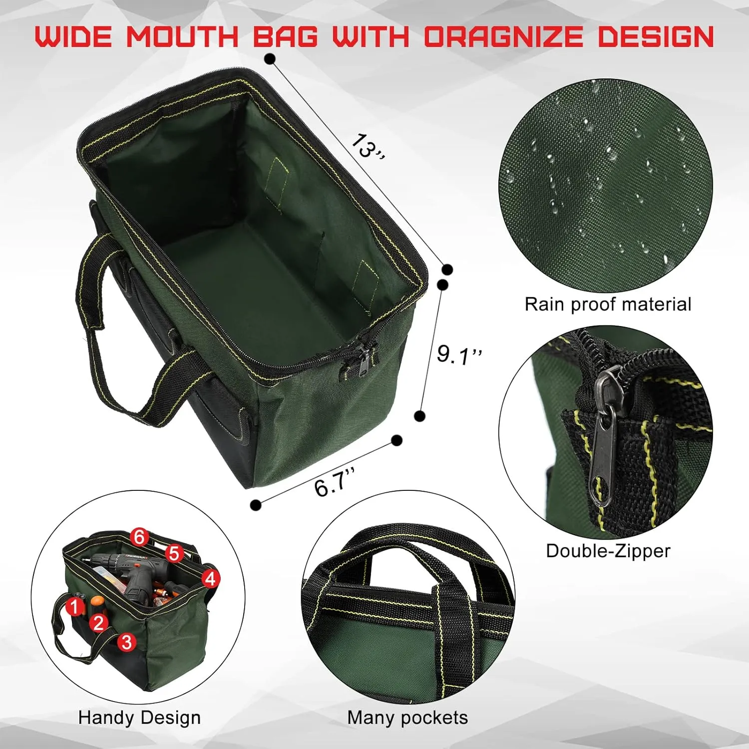4 Pieces Tool Bag with Waterproof Strong Molded Base Multi Pockets Wide Mouth Tool Tote Multifunctional Tool Bag Large Capacity Organizer Heavy Duty Tool Storage Bag (Multicolor,13 Inch)