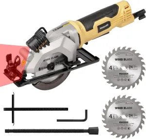 4Amp Mini Circular Saw, 3500RPM Corded Compact Saw with 4-1/2" 24T TCT Blades, Laser Guide, Rip Guide, Vacuum Adapter and Blade Wrench, Max Cutting Depth 1-11/16"(90°), 1-1/8"(45°）