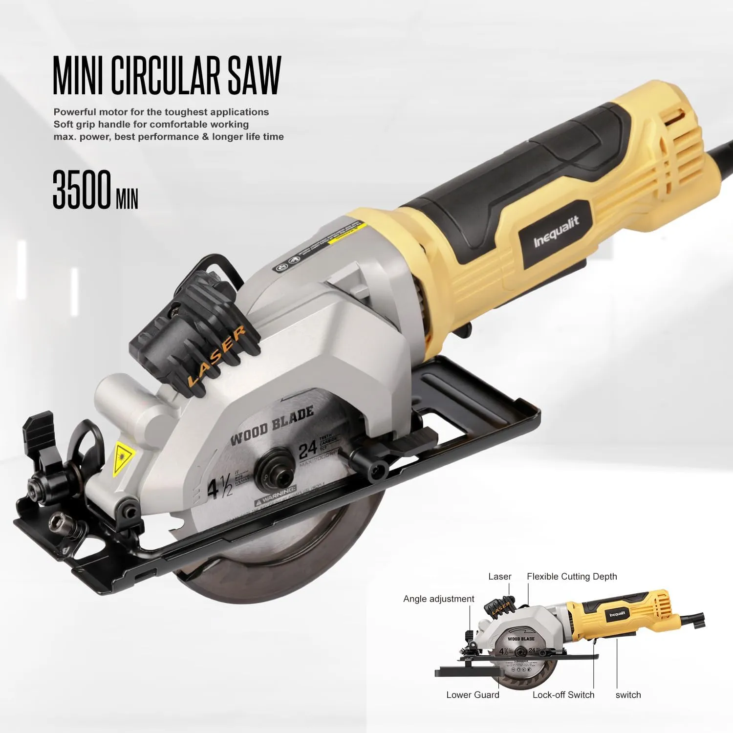 4Amp Mini Circular Saw, 3500RPM Corded Compact Saw with 4-1/2" 24T TCT Blades, Laser Guide, Rip Guide, Vacuum Adapter and Blade Wrench, Max Cutting Depth 1-11/16"(90°), 1-1/8"(45°）