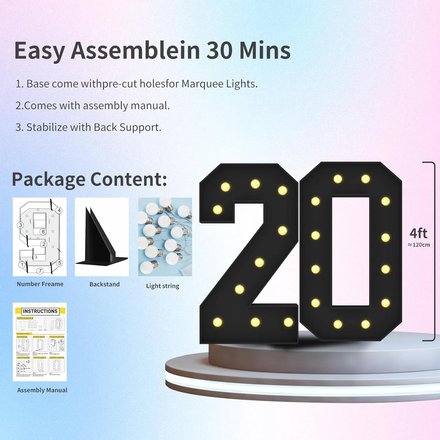 4FT Marquee Light Up Numbers 20, Black Big Light Up Numbers for Party, Pre-cut Foam Board Mosaic Numbers Set Can Be Used for Birthdays, Weddings, Baby Anniversaries