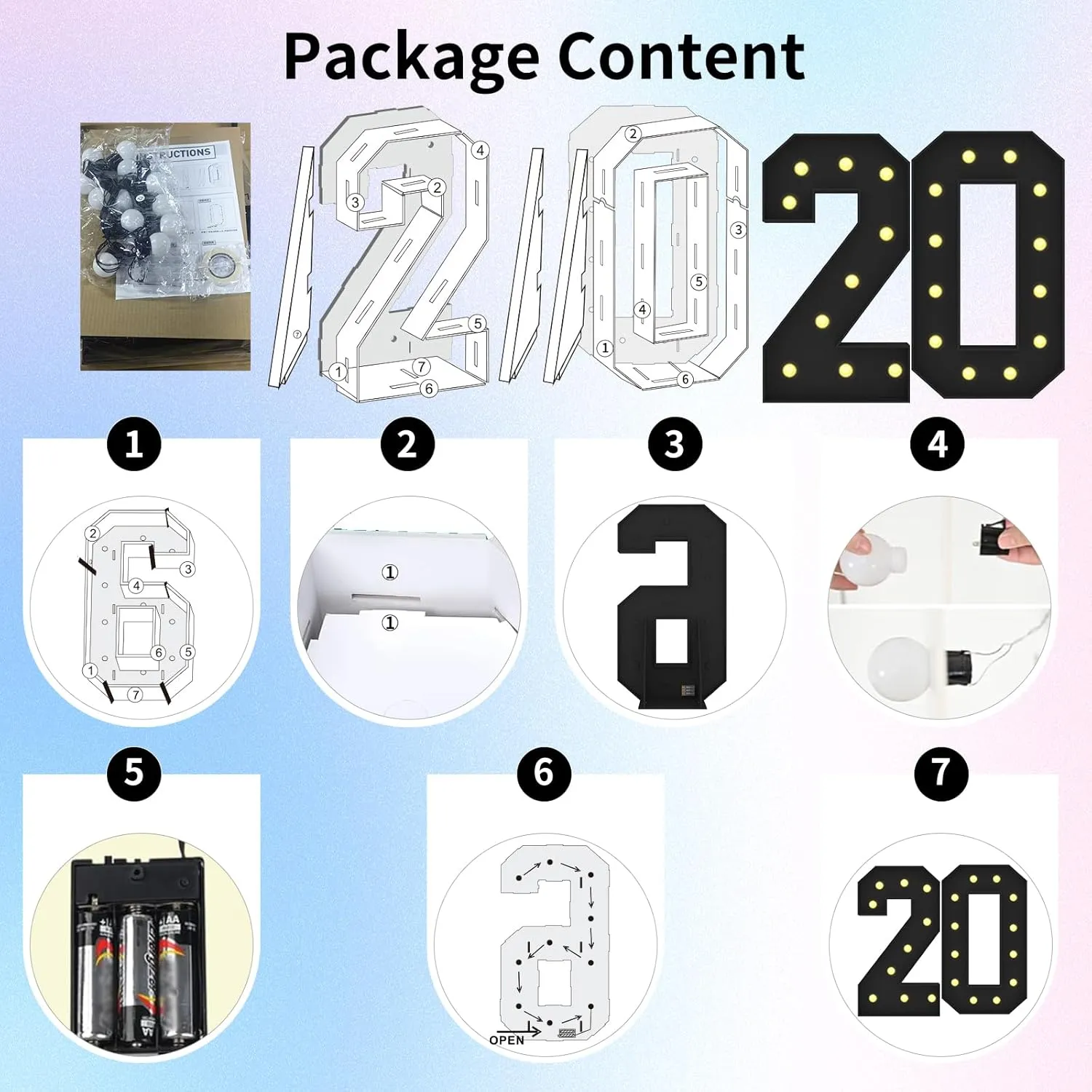 4FT Marquee Light Up Numbers 20, Black Big Light Up Numbers for Party, Pre-cut Foam Board Mosaic Numbers Set Can Be Used for Birthdays, Weddings, Baby Anniversaries