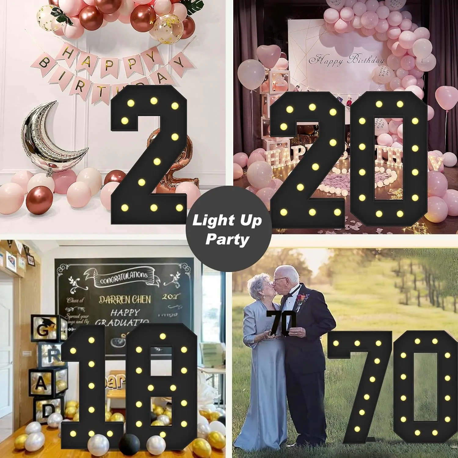 4FT Marquee Light Up Numbers 20, Black Big Light Up Numbers for Party, Pre-cut Foam Board Mosaic Numbers Set Can Be Used for Birthdays, Weddings, Baby Anniversaries