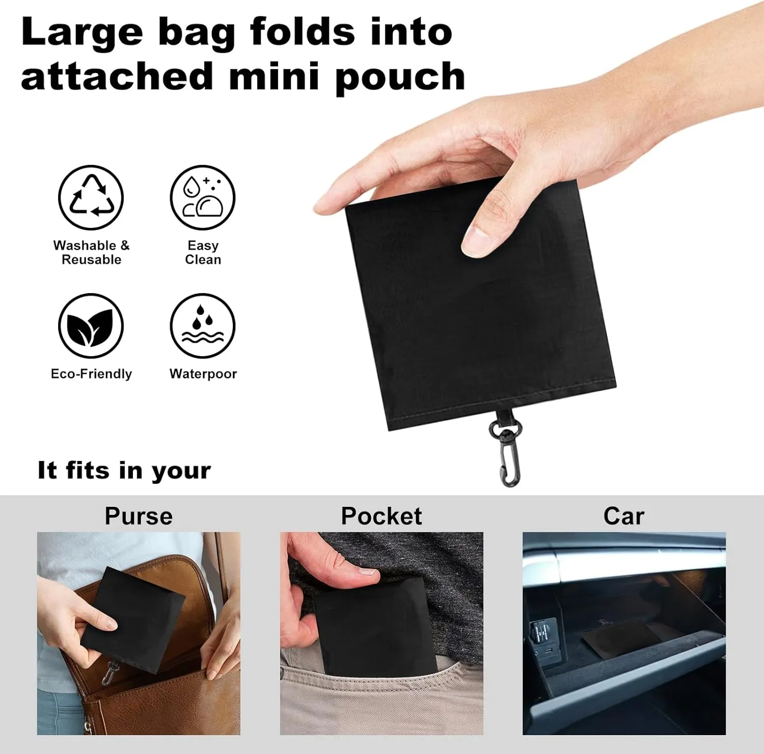 5 Pack Foldable Shoping Bags Tote Bulk Nylon Bags with Handles Black