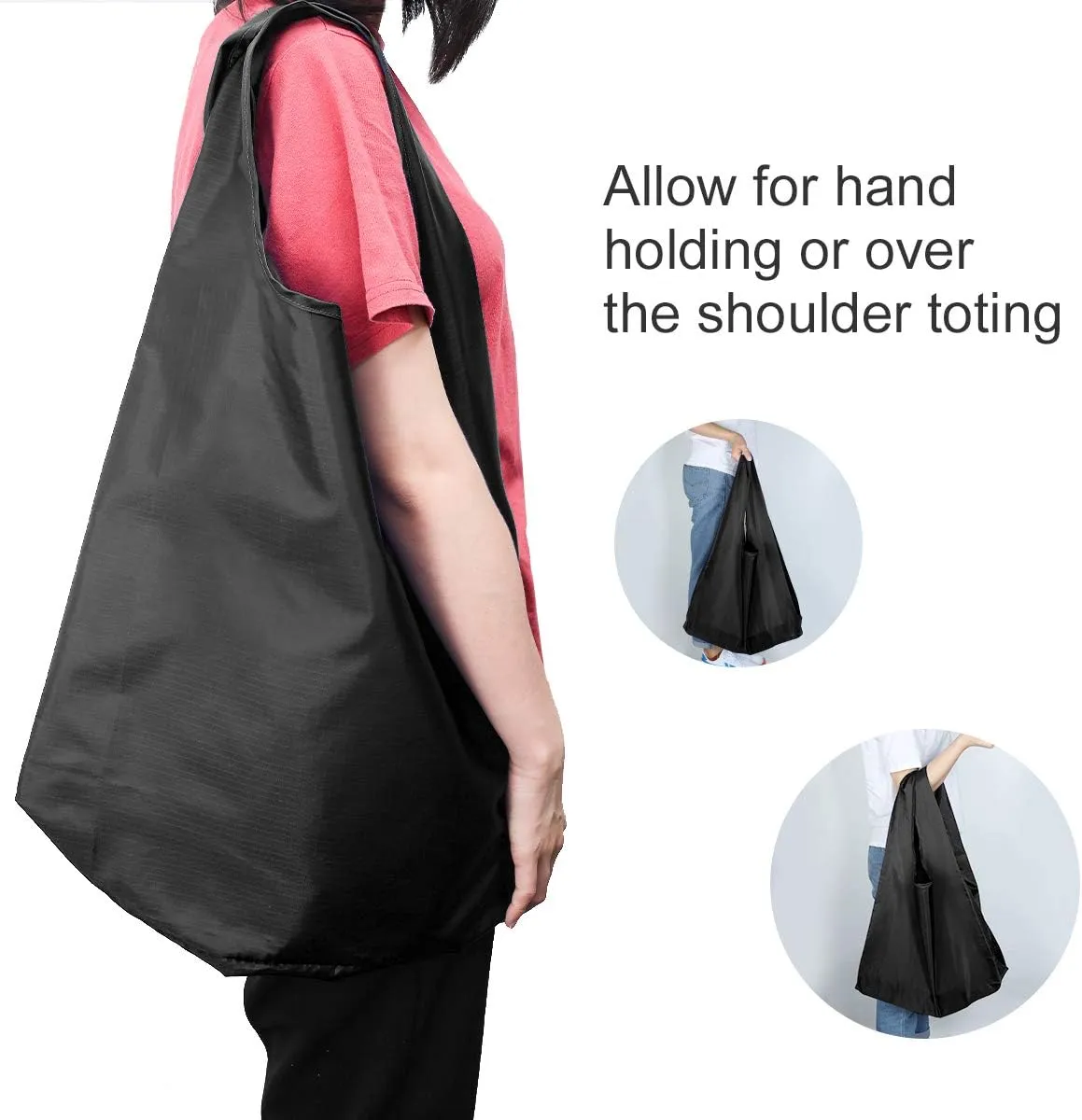 5 Pack Foldable Shoping Bags Tote Bulk Nylon Bags with Handles Black