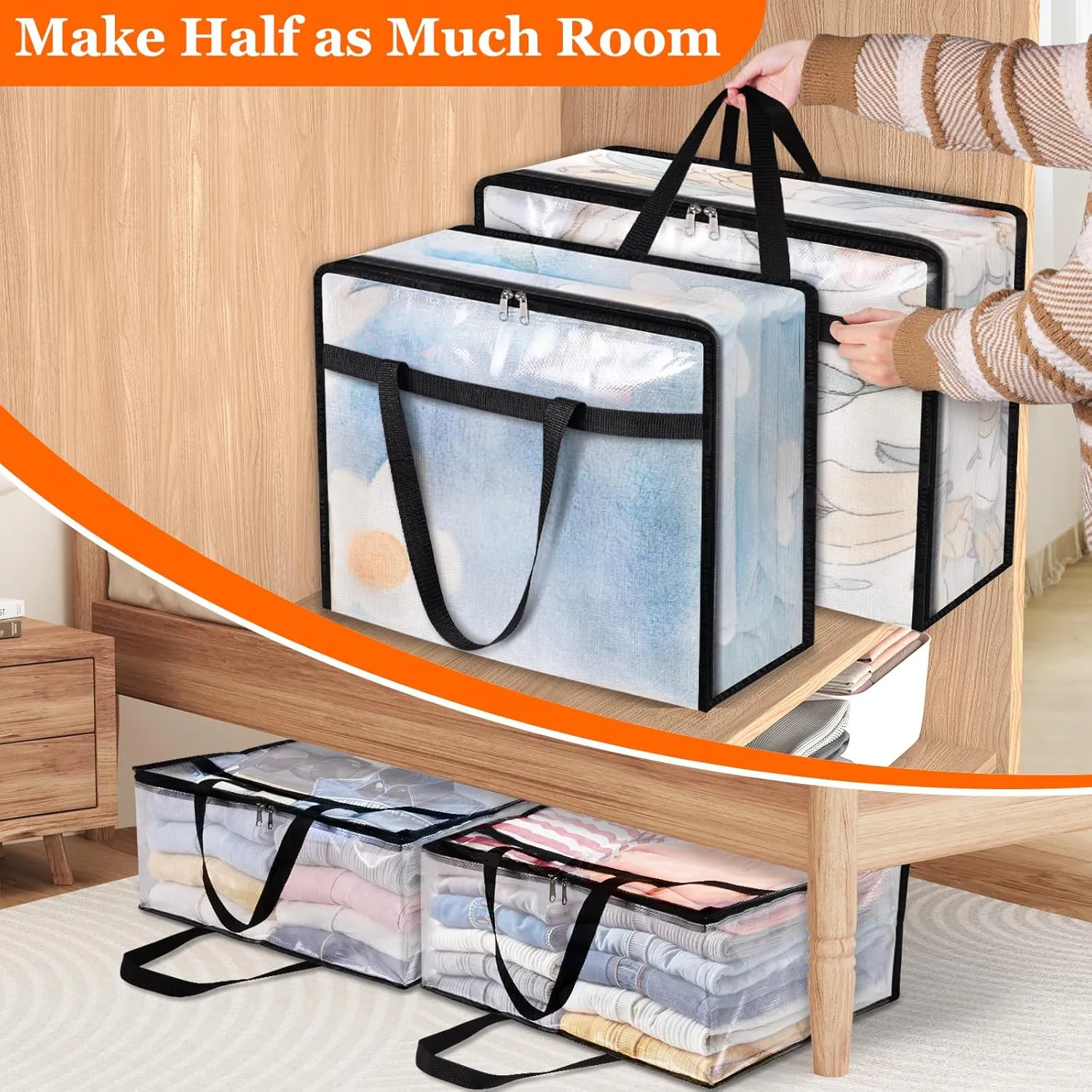 6 Pack Clear Storage Bags for Comforter, Clothes & Bedding, Plastic Blanket Storage with Zipper and Handle, Moving Bags, Closet Organizer and Under-Bed Storage (40L)