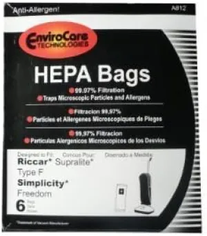 6 Riccar HEPA Type F Vacuum Bags, Simplicity, Freedom, Supralite, Canister Vacuum Cleaners, RSLH-6, SF-6, RSL1, RSL1A, RSL1AC, RSL3C, RSL2, RSL3, RSL4, RSL5, RSL5C, SLPLUS, RFH-6, F3500 by Riccar