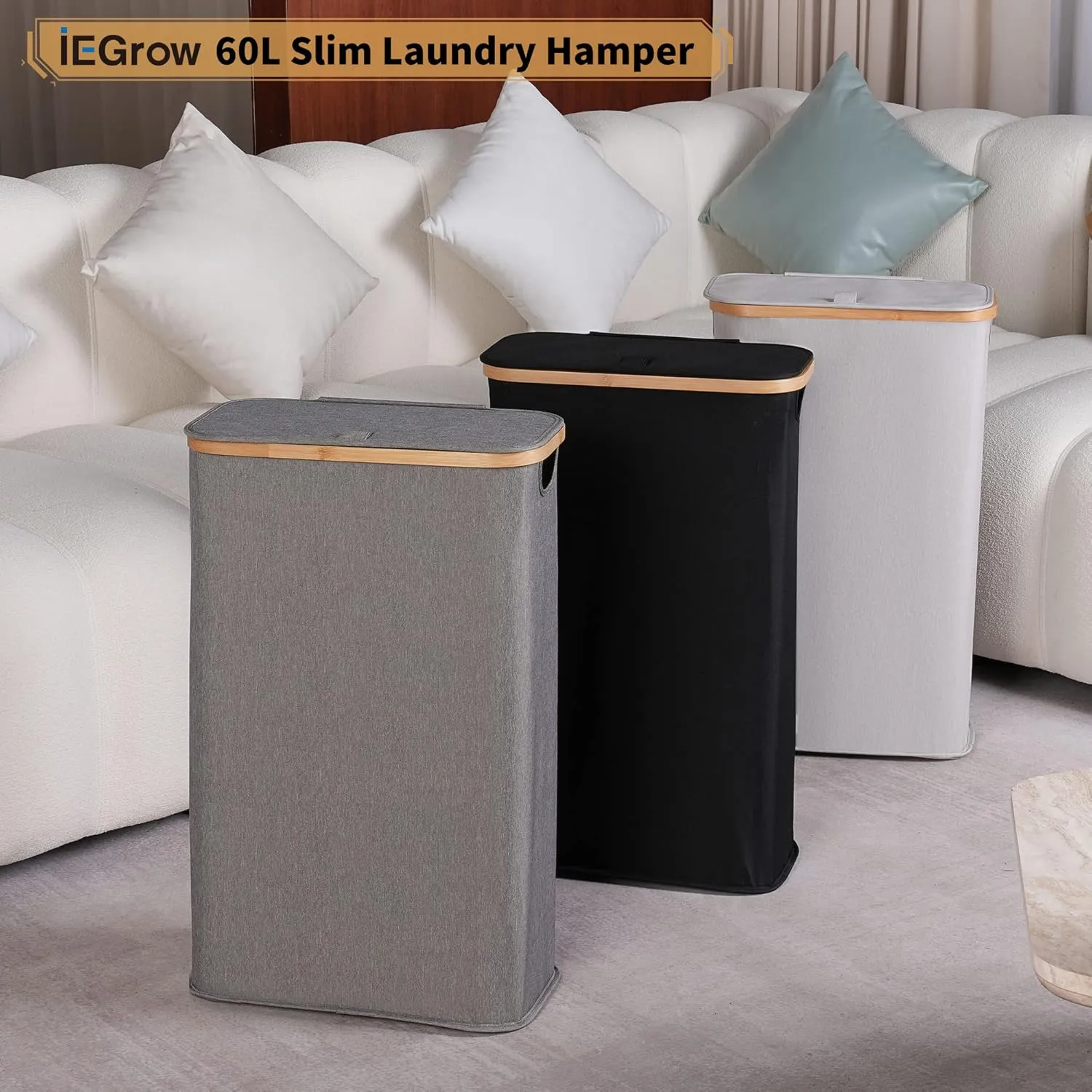 60L Slim Laundry Basket with Lid,Hampers for Laundry,Narrow Laundry Hamper with Removable Inner Bag & Bamboo Handles,Tall Thin Clothes Hamper for Clothes Toys Towels Organization（Black ）