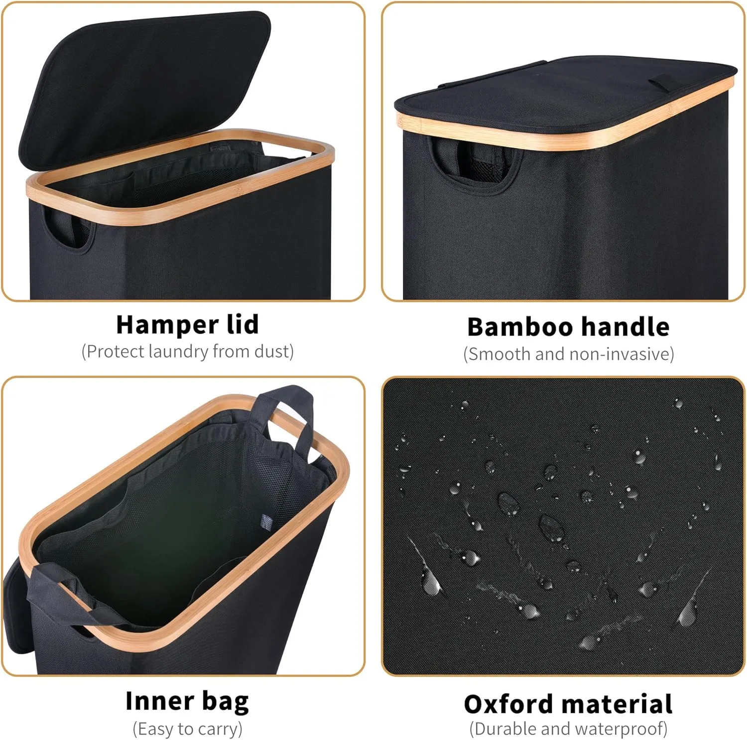 60L Slim Laundry Basket with Lid,Hampers for Laundry,Narrow Laundry Hamper with Removable Inner Bag & Bamboo Handles,Tall Thin Clothes Hamper for Clothes Toys Towels Organization（Black ）