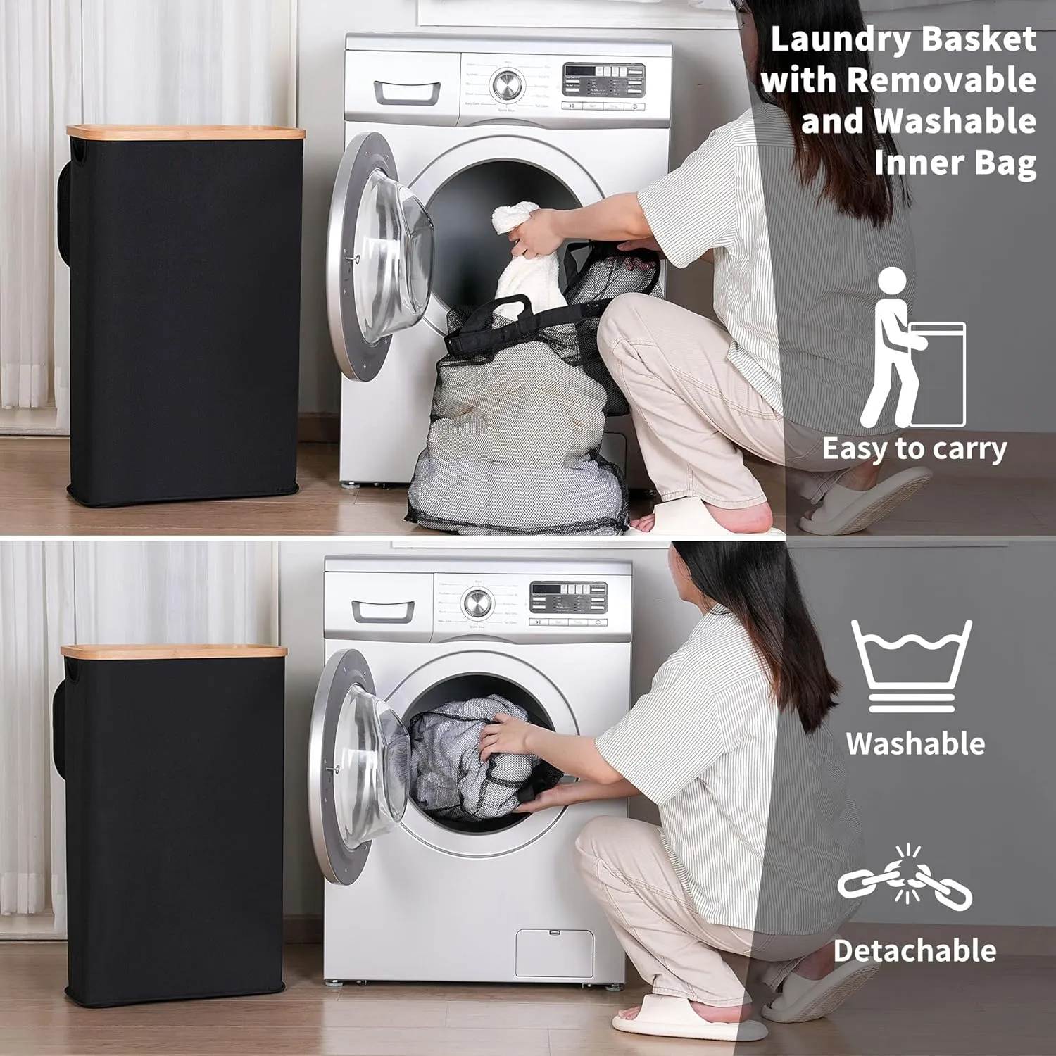 60L Slim Laundry Basket with Lid,Hampers for Laundry,Narrow Laundry Hamper with Removable Inner Bag & Bamboo Handles,Tall Thin Clothes Hamper for Clothes Toys Towels Organization（Black ）
