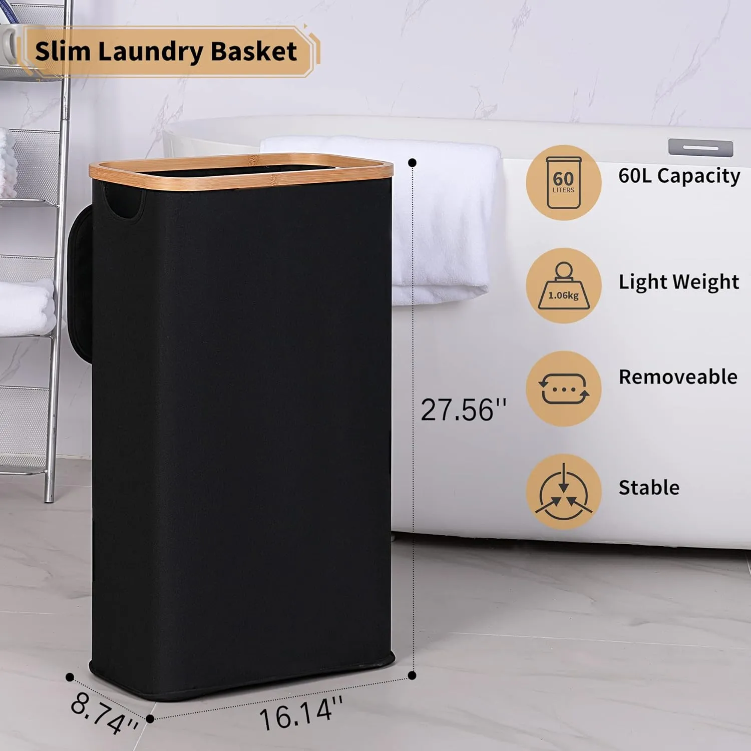 60L Slim Laundry Basket with Lid,Hampers for Laundry,Narrow Laundry Hamper with Removable Inner Bag & Bamboo Handles,Tall Thin Clothes Hamper for Clothes Toys Towels Organization（Black ）