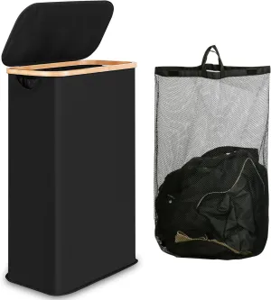 60L Slim Laundry Basket with Lid,Hampers for Laundry,Narrow Laundry Hamper with Removable Inner Bag & Bamboo Handles,Tall Thin Clothes Hamper for Clothes Toys Towels Organization（Black ）