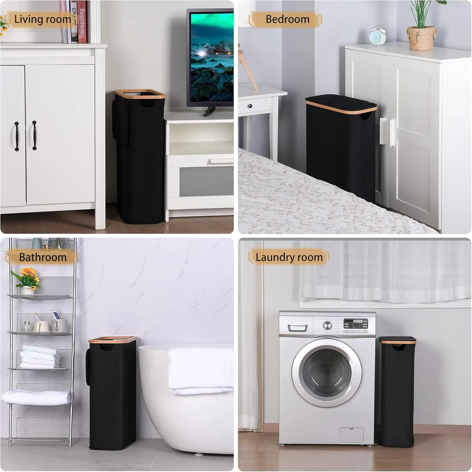 60L Slim Laundry Basket with Lid,Hampers for Laundry,Narrow Laundry Hamper with Removable Inner Bag & Bamboo Handles,Tall Thin Clothes Hamper for Clothes Toys Towels Organization（Black ）