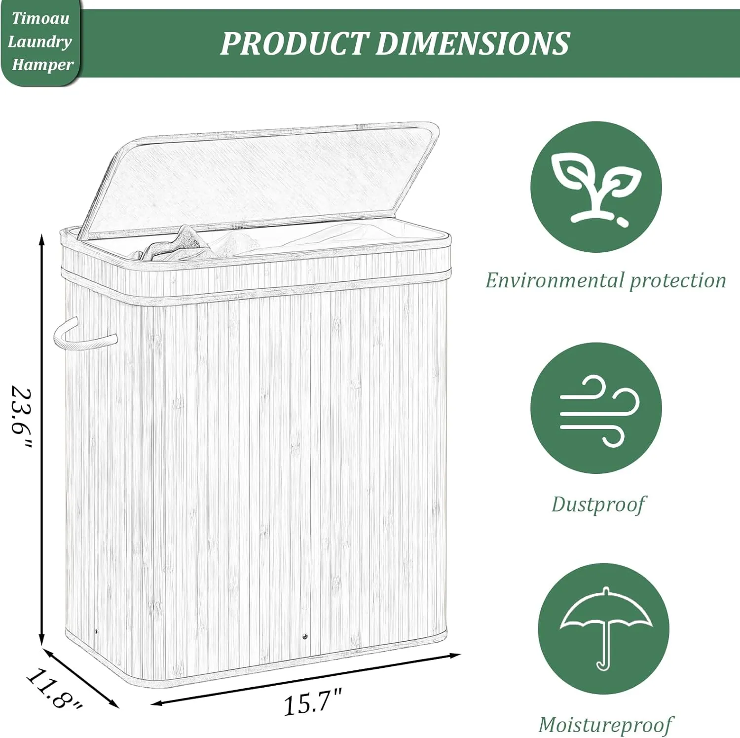 72L Laundry Hamper with Lid, Bamboo Laundry Basket with Removable Liner Bag, Foldable Clothes Hamper with Handles for Bedroom, Bathroom, Closet, Natural