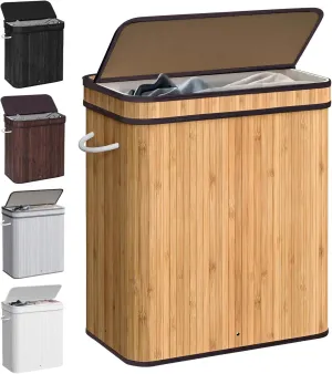 72L Laundry Hamper with Lid, Bamboo Laundry Basket with Removable Liner Bag, Foldable Clothes Hamper with Handles for Bedroom, Bathroom, Closet, Natural