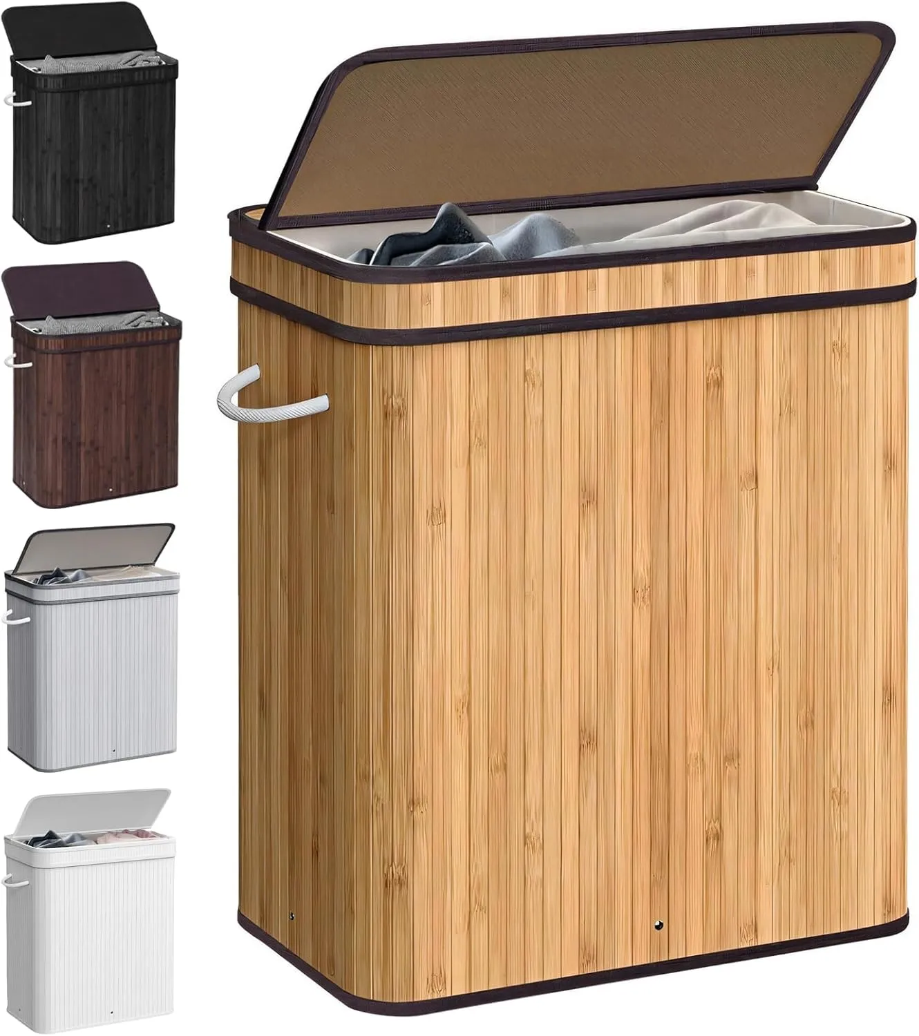72L Laundry Hamper with Lid, Bamboo Laundry Basket with Removable Liner Bag, Foldable Clothes Hamper with Handles for Bedroom, Bathroom, Closet, Natural