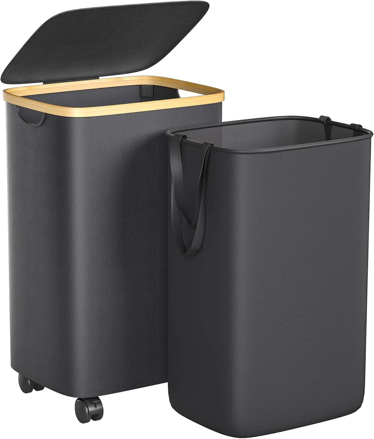 75L Laundry Hamper with Wheels, Rolling Laundry Basket with Lid and 2-Inch Silent Wheels, Collapsible Tall Clothes Hamper with Bamboo Handles for Clothes Toys in Dorm Bedroom Bathroom, Black