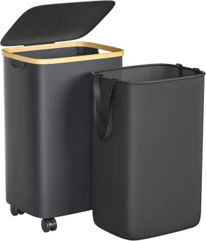 75L Laundry Hamper with Wheels, Rolling Laundry Basket with Lid and 2-Inch Silent Wheels, Collapsible Tall Clothes Hamper with Bamboo Handles for Clothes Toys in Dorm Bedroom Bathroom, Black