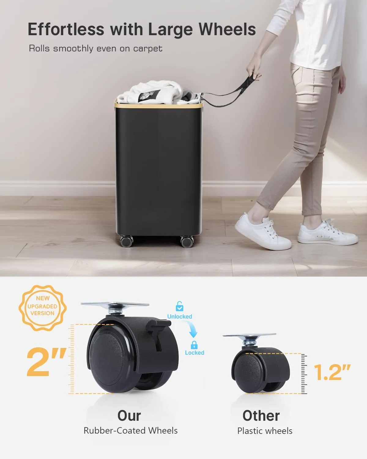 75L Laundry Hamper with Wheels, Rolling Laundry Basket with Lid and 2-Inch Silent Wheels, Collapsible Tall Clothes Hamper with Bamboo Handles for Clothes Toys in Dorm Bedroom Bathroom, Black