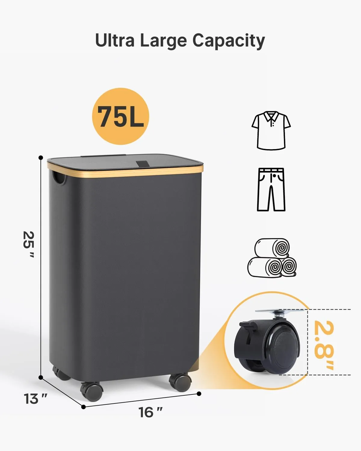 75L Laundry Hamper with Wheels, Rolling Laundry Basket with Lid and 2-Inch Silent Wheels, Collapsible Tall Clothes Hamper with Bamboo Handles for Clothes Toys in Dorm Bedroom Bathroom, Black