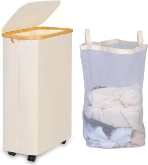 75L Laundry Hamper with Wheels,Clothes Hamper for Laundry,Slim Laundry Basket with Lid & Inner Bag,for Laundry Room, Bedroom, Dormitory Organization,Beige