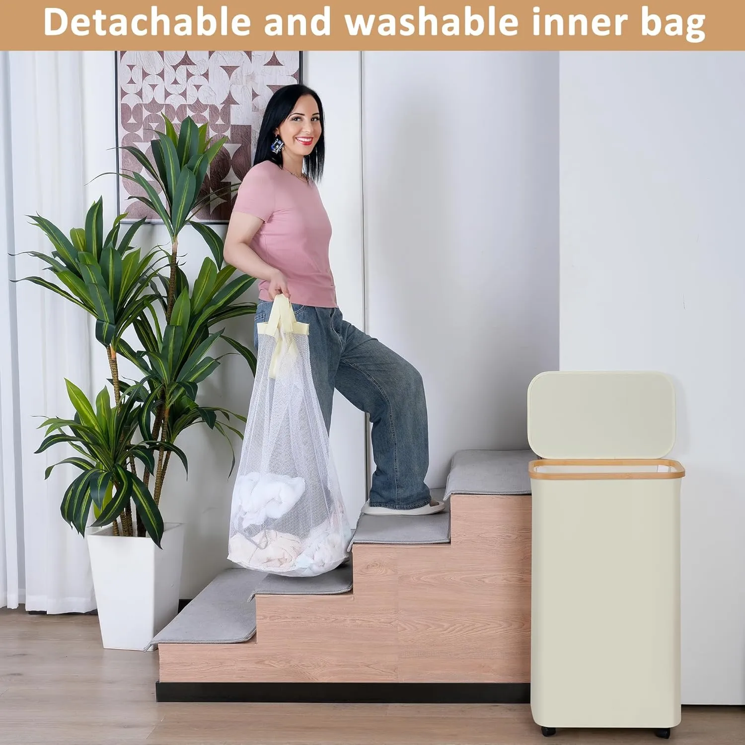 75L Laundry Hamper with Wheels,Clothes Hamper for Laundry,Slim Laundry Basket with Lid & Inner Bag,for Laundry Room, Bedroom, Dormitory Organization,Beige