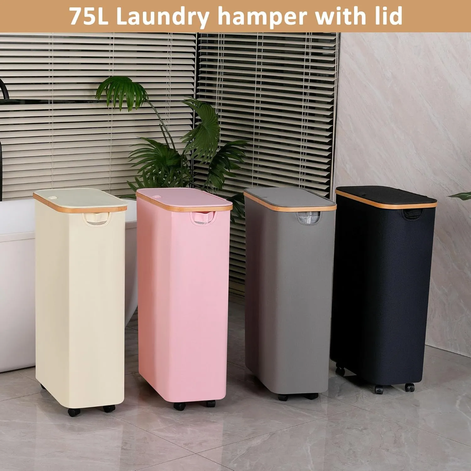75L Laundry Hamper with Wheels,Clothes Hamper for Laundry,Slim Laundry Basket with Lid & Inner Bag,for Laundry Room, Bedroom, Dormitory Organization,Beige