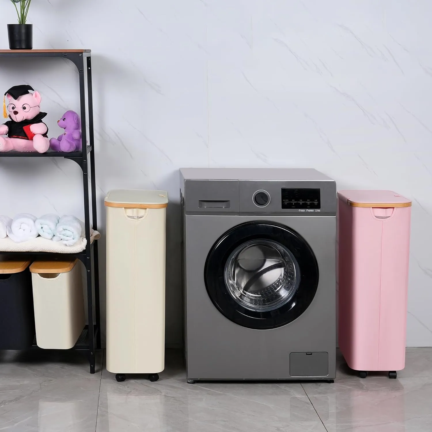 75L Slim Laundry Hamper with Wheels,Clothes Hamper for Laundry,Laundry Basket with Lid & Inner Bag,for Laundry Room, Bedroom, Dormitory Organization,Pink