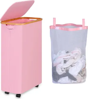 75L Slim Laundry Hamper with Wheels,Clothes Hamper for Laundry,Laundry Basket with Lid & Inner Bag,for Laundry Room, Bedroom, Dormitory Organization,Pink