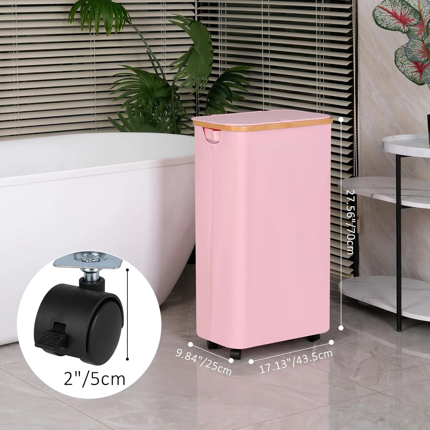 75L Slim Laundry Hamper with Wheels,Clothes Hamper for Laundry,Laundry Basket with Lid & Inner Bag,for Laundry Room, Bedroom, Dormitory Organization,Pink