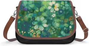 Abstract Seasonal Green Floral Shoulder Bags PU Leather Shoulder Handbag Large Capacity Crossbody Bag for Women