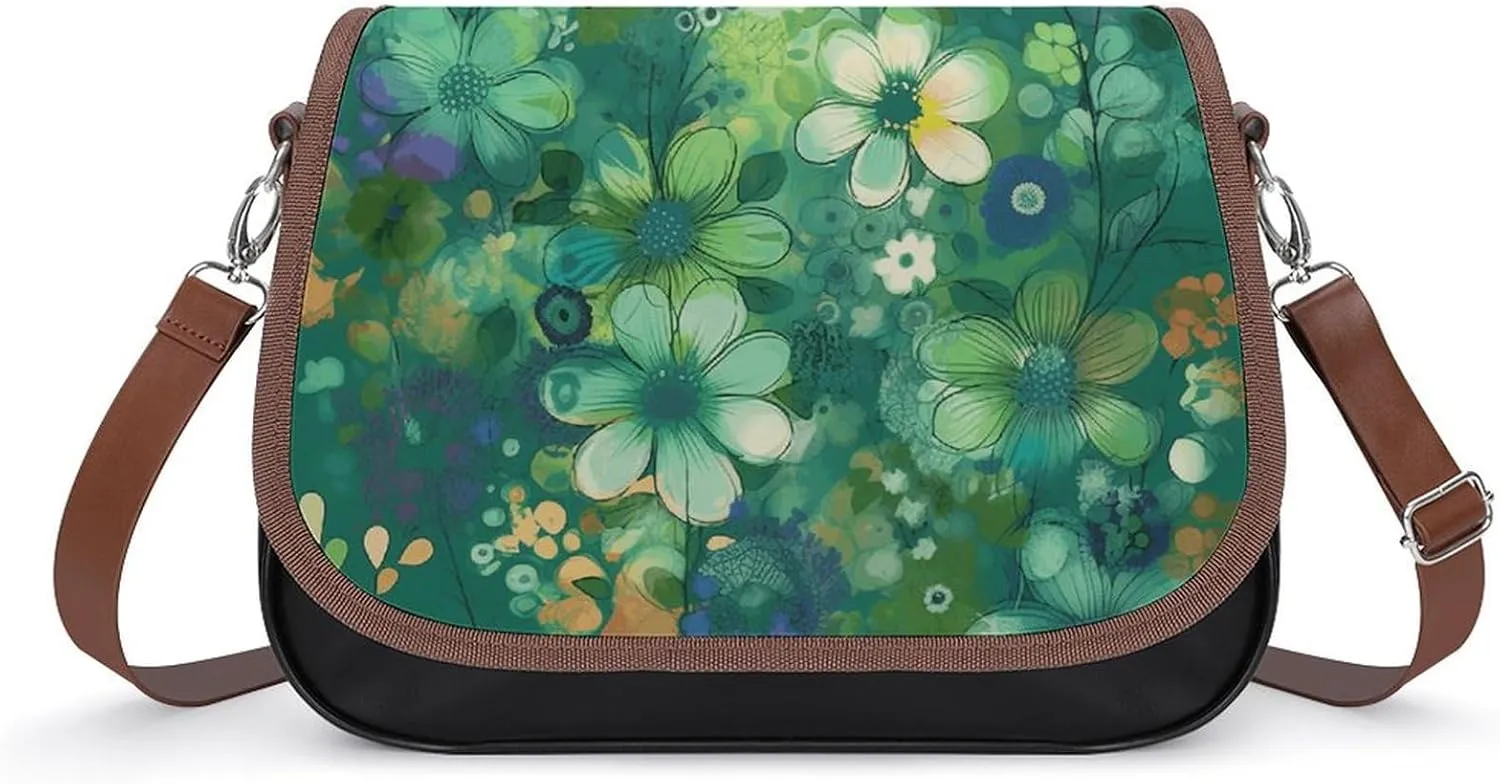 Abstract Seasonal Green Floral Shoulder Bags PU Leather Shoulder Handbag Large Capacity Crossbody Bag for Women