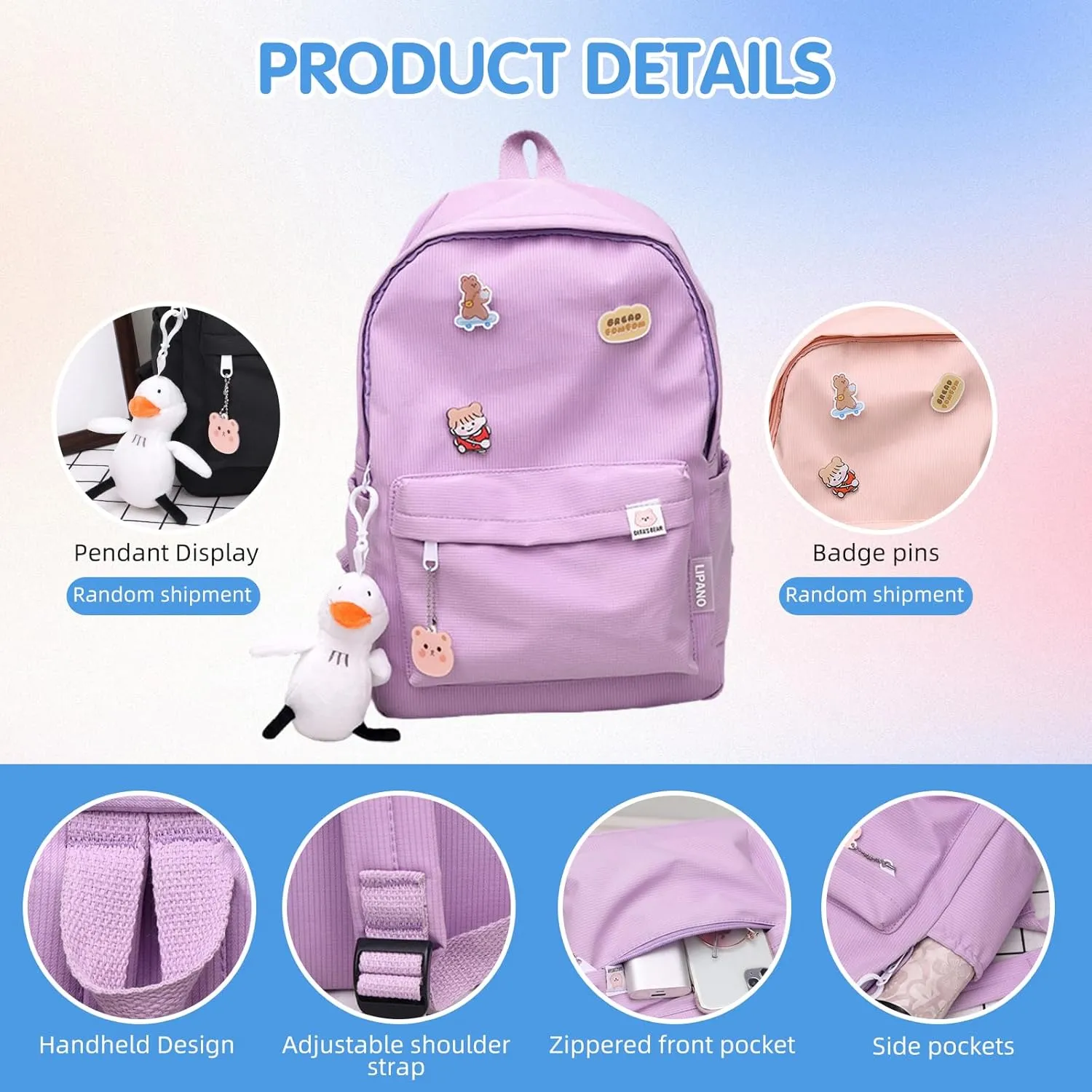 Aesthetic Backpack, Large Capacity Lightweight Casual Daypack, Cute Oxford Frabic Mochila with Pendant (Pink)